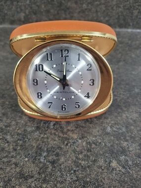Westclox Travel Ben Folding Alarm Clock in Orange and Gold- Vintage
